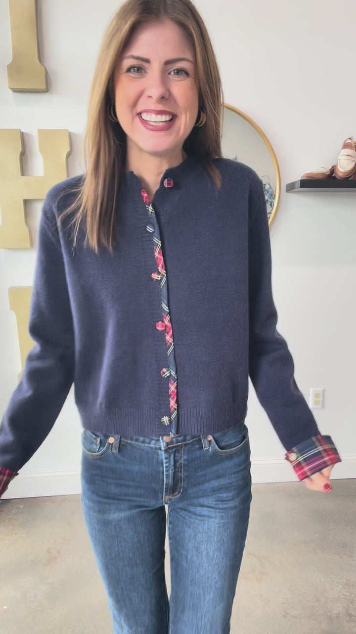 Plaid Trim Sweater - Navy