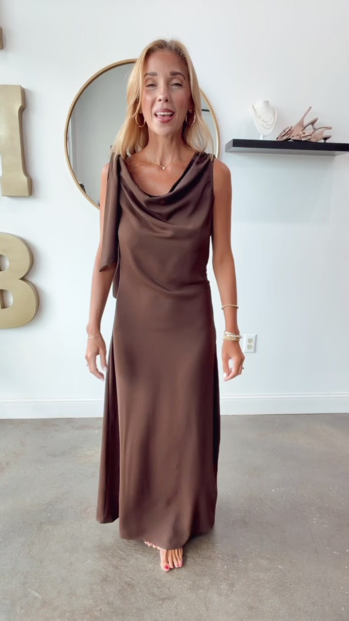 Tie Shoulder Maxi Dress - Brown