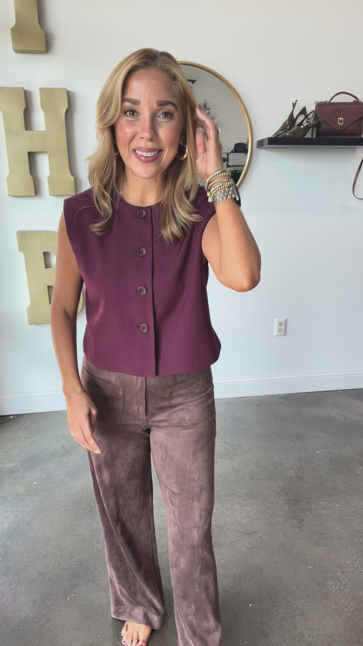 Faux Suede Wide Leg Pants - Brown