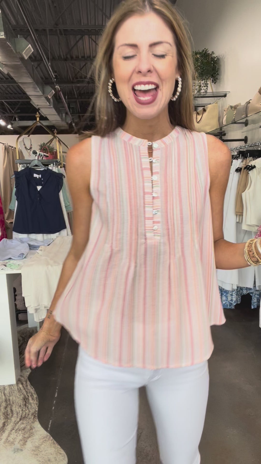Striped Button Front Top - Peach Pink