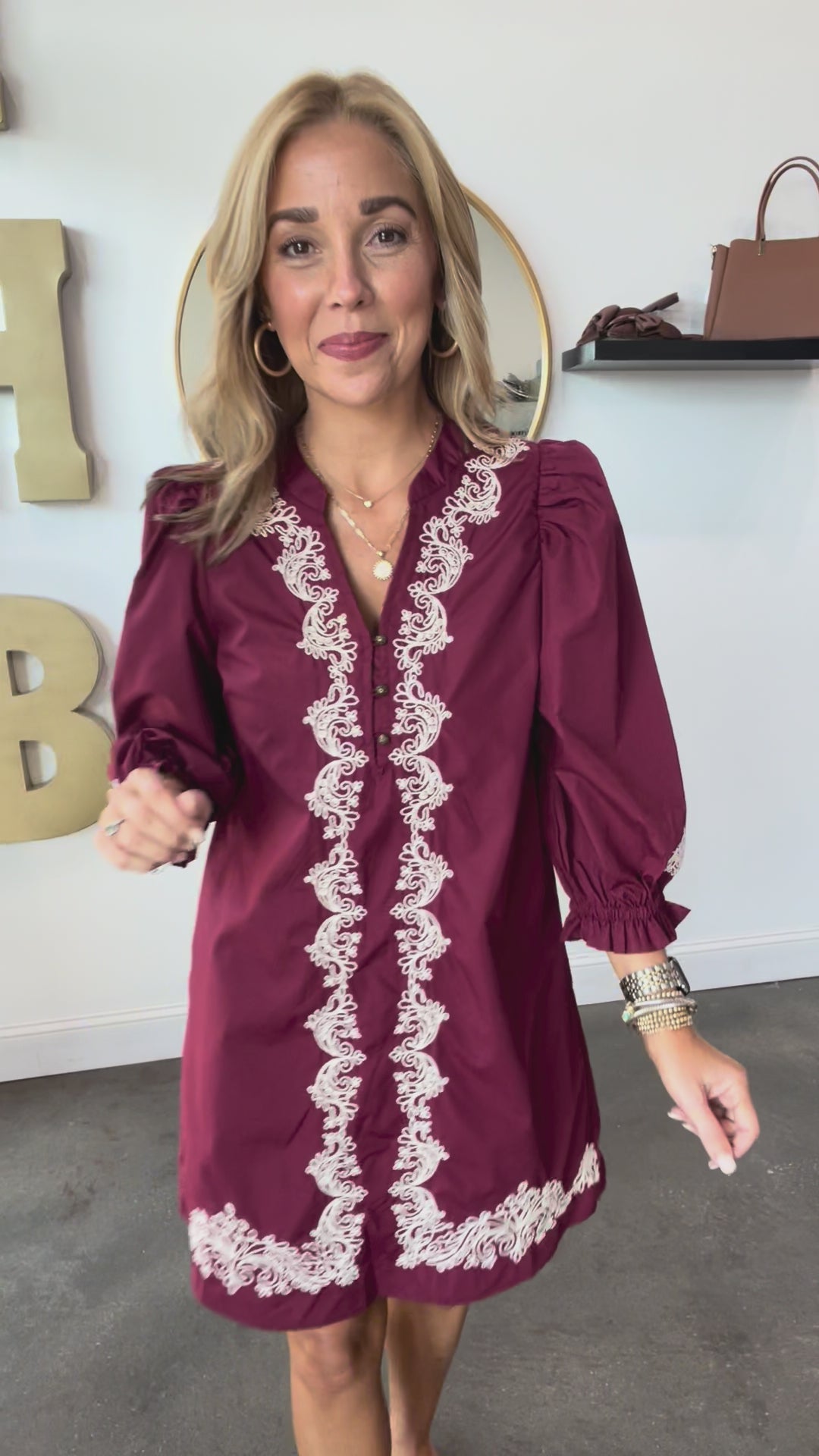 Embroidered Trim Dress - Garnet