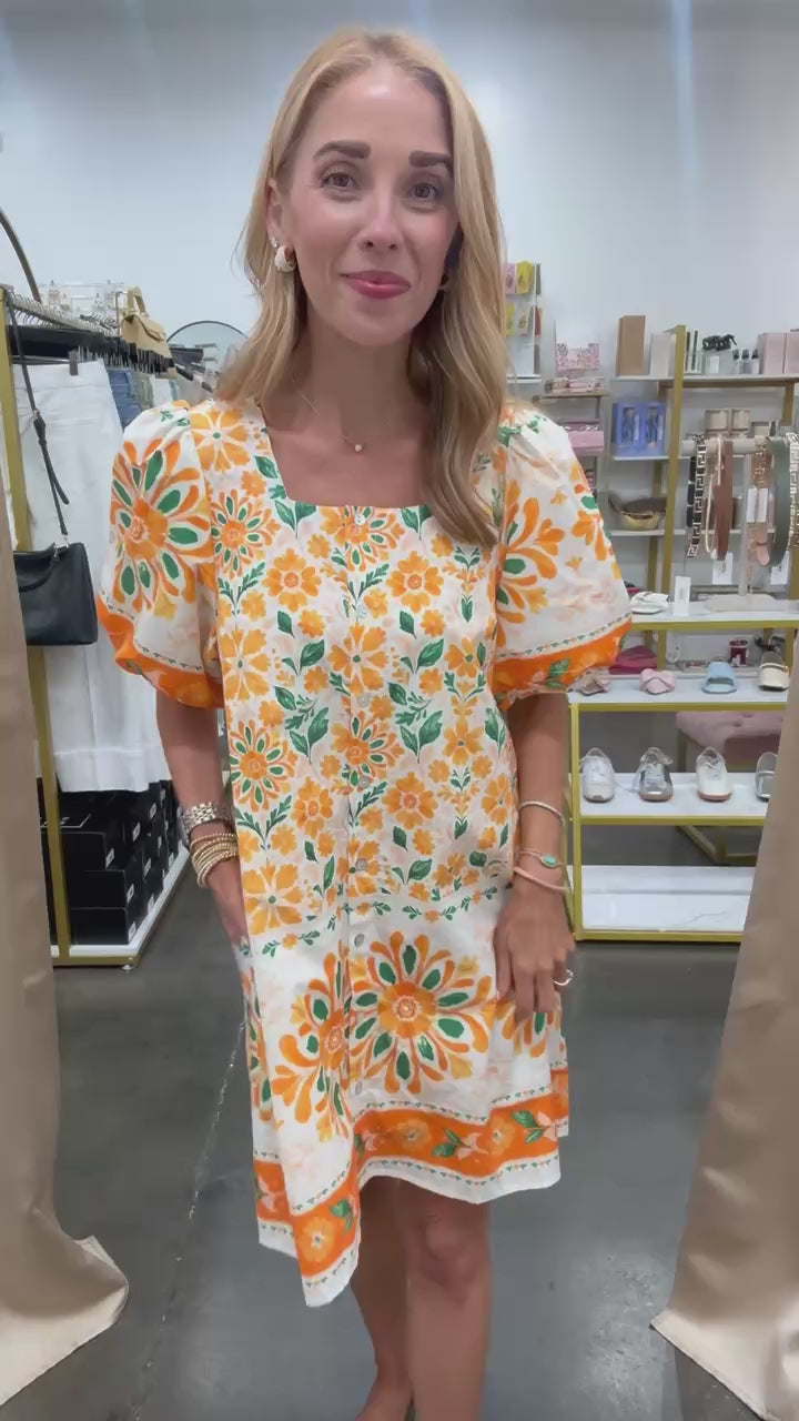Floral Scoop Neck Dress - Orange Cream