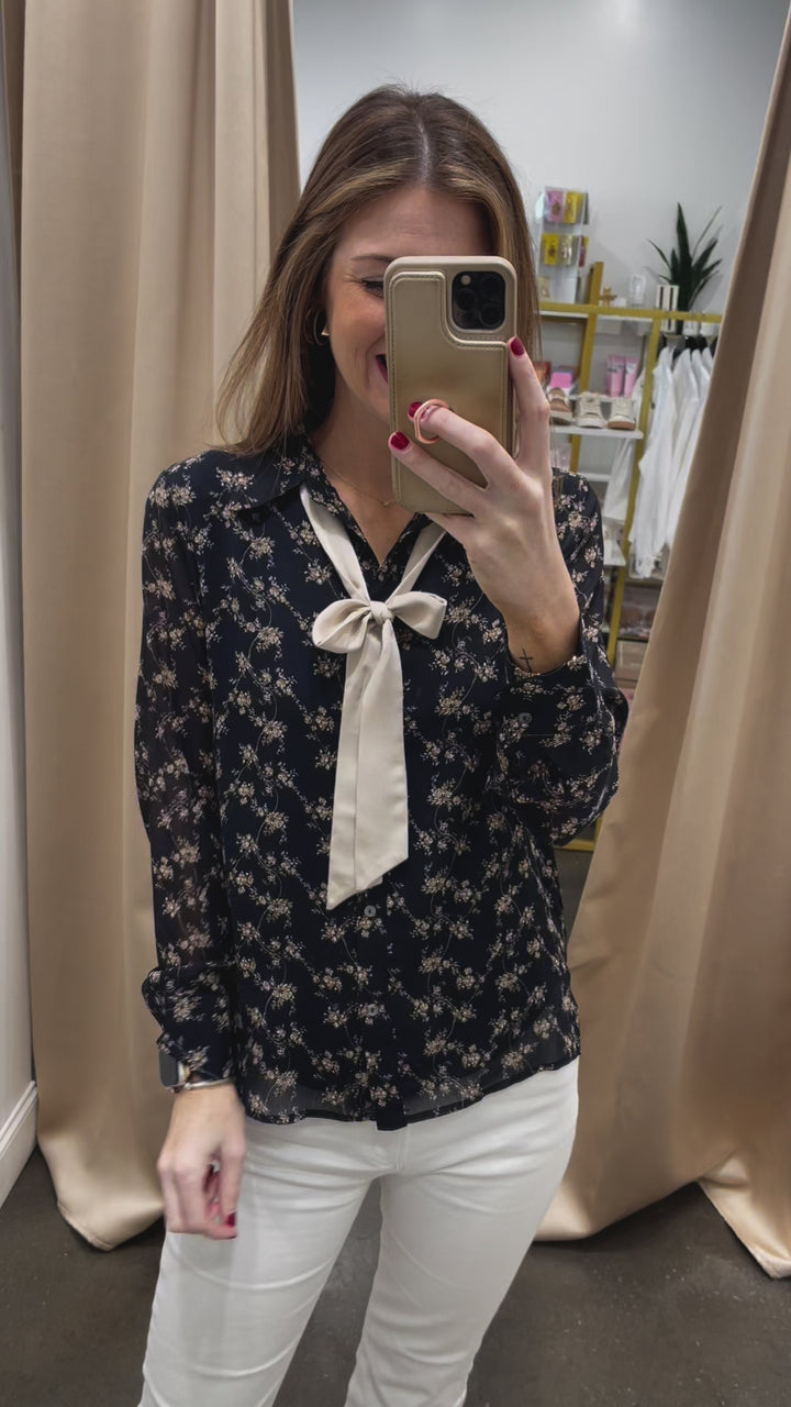 Tie Neck Floral Blouse - Navy