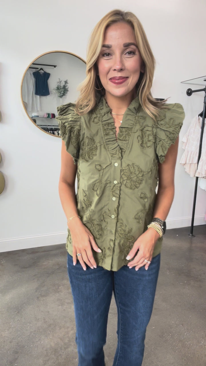 Embroidered V Neck Top - Olive