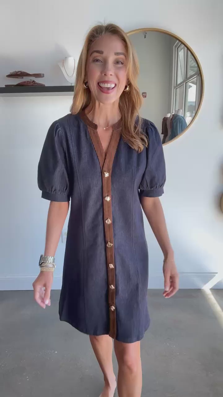 Corduroy Trim Denim Dress