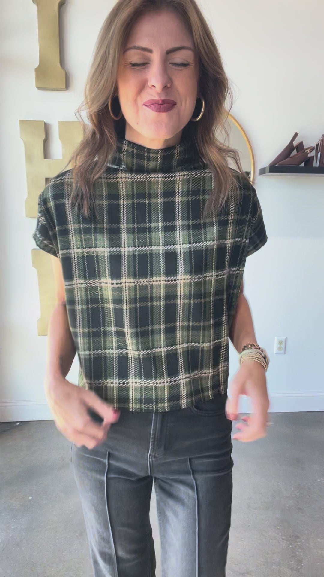 Mock Neck Plaid Top - Green