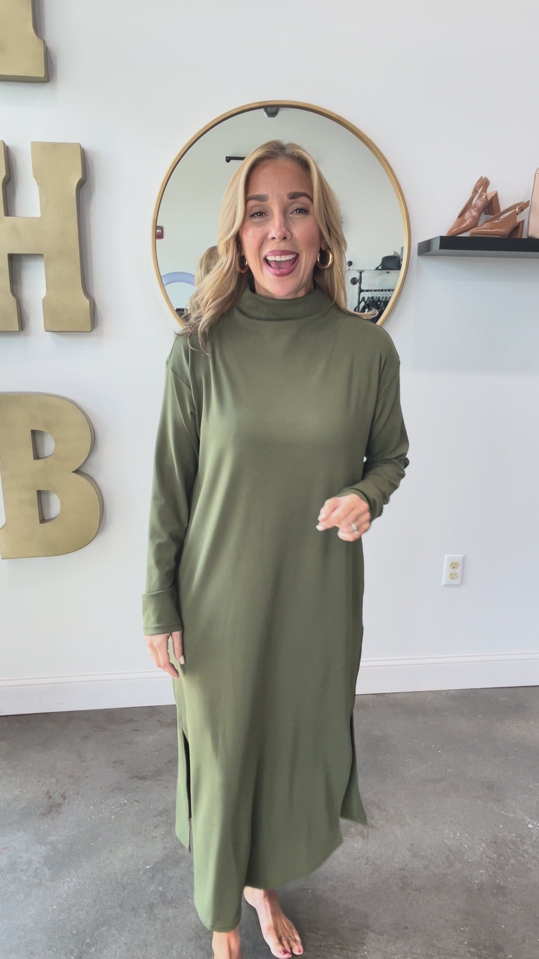 Mock Neck Shift Midi Dress - Olive
