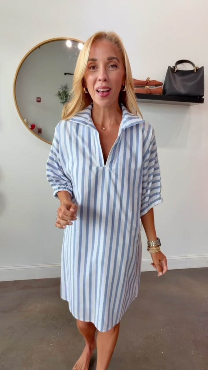 Short Sleeve Striped Dress - Blue