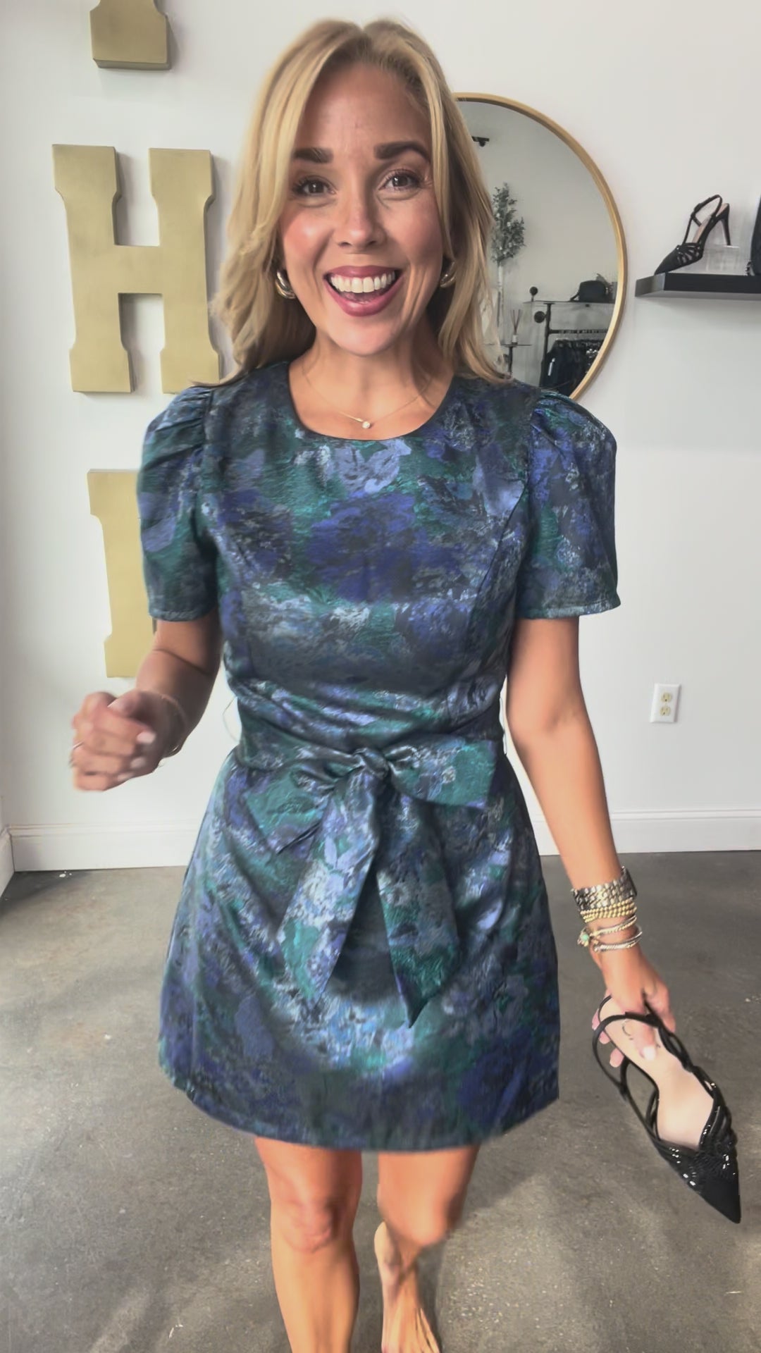 Tie Waist Jacquard Mini Dress- Navy