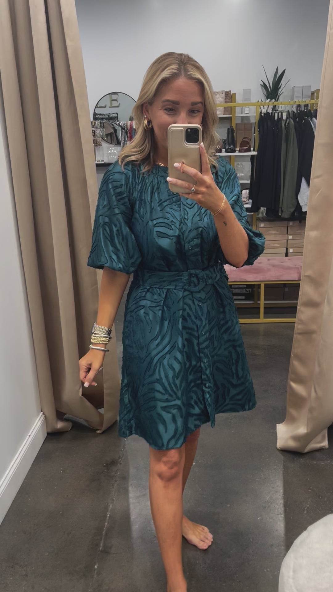 Textured Puff Sleeve Dress - Teal