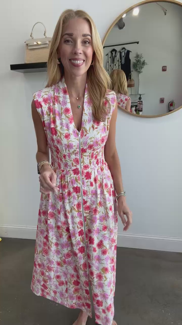 Front Zip Floral Smocked Waist Dress