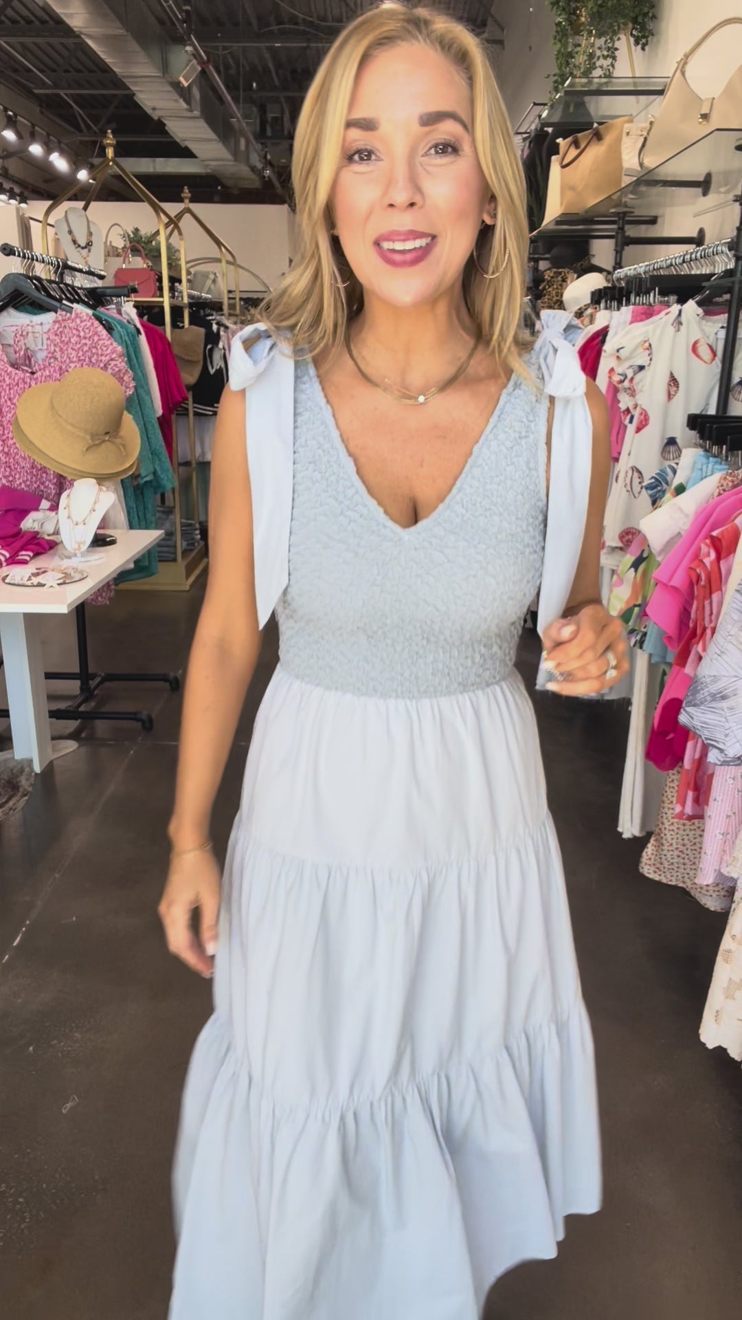 Ribbon Shoulder Midi Dress - Light Blue