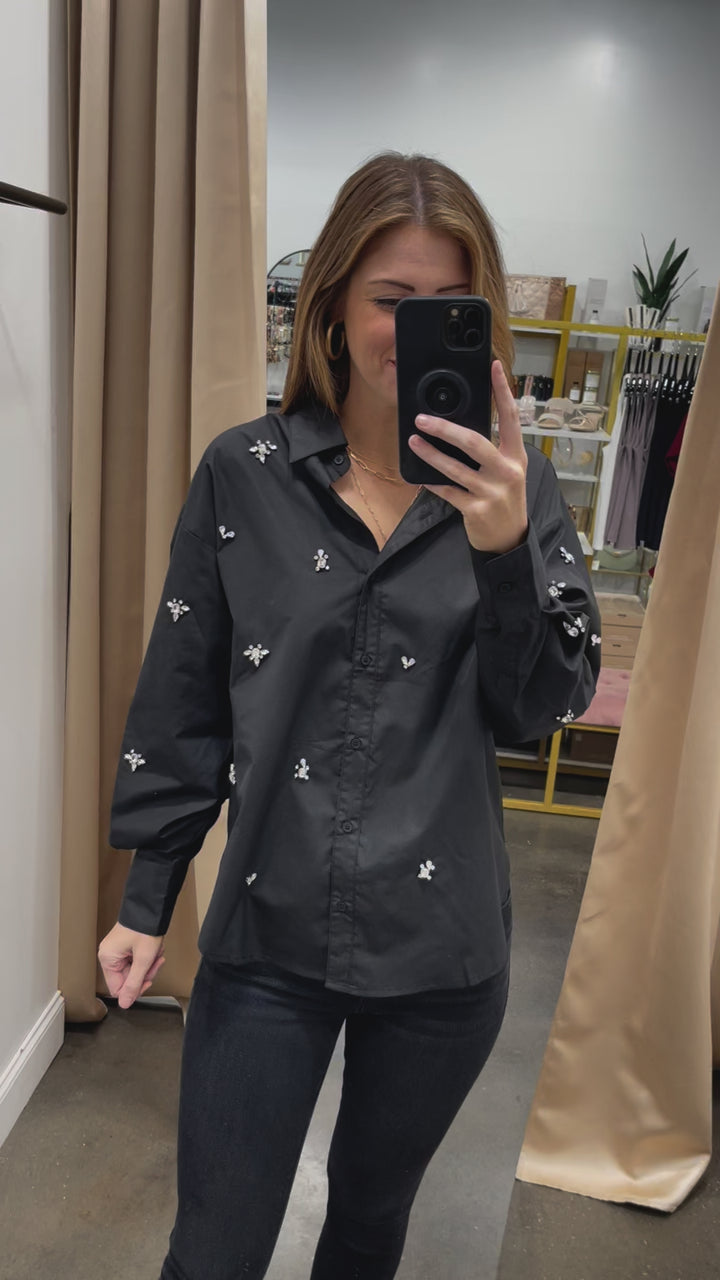Rhinestone Detail Button Down - Black