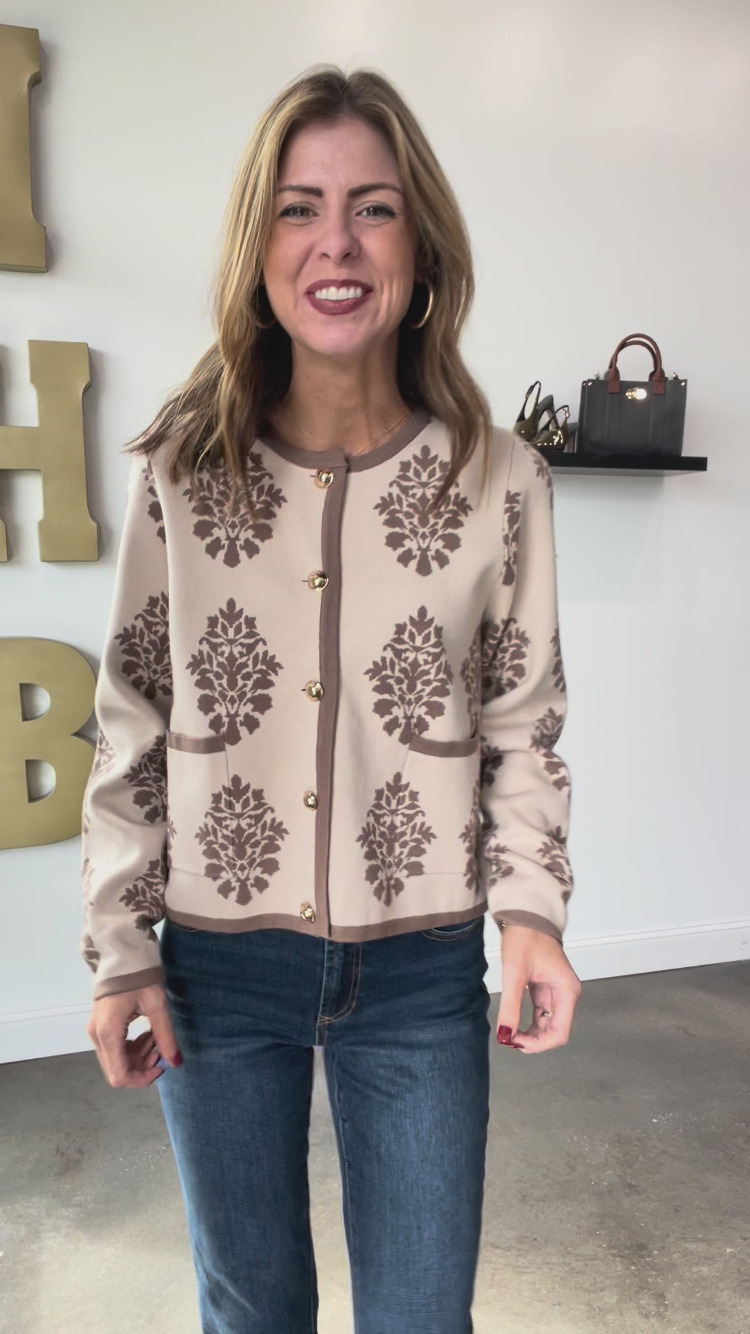 Printed Button Front Sweater - Taupe