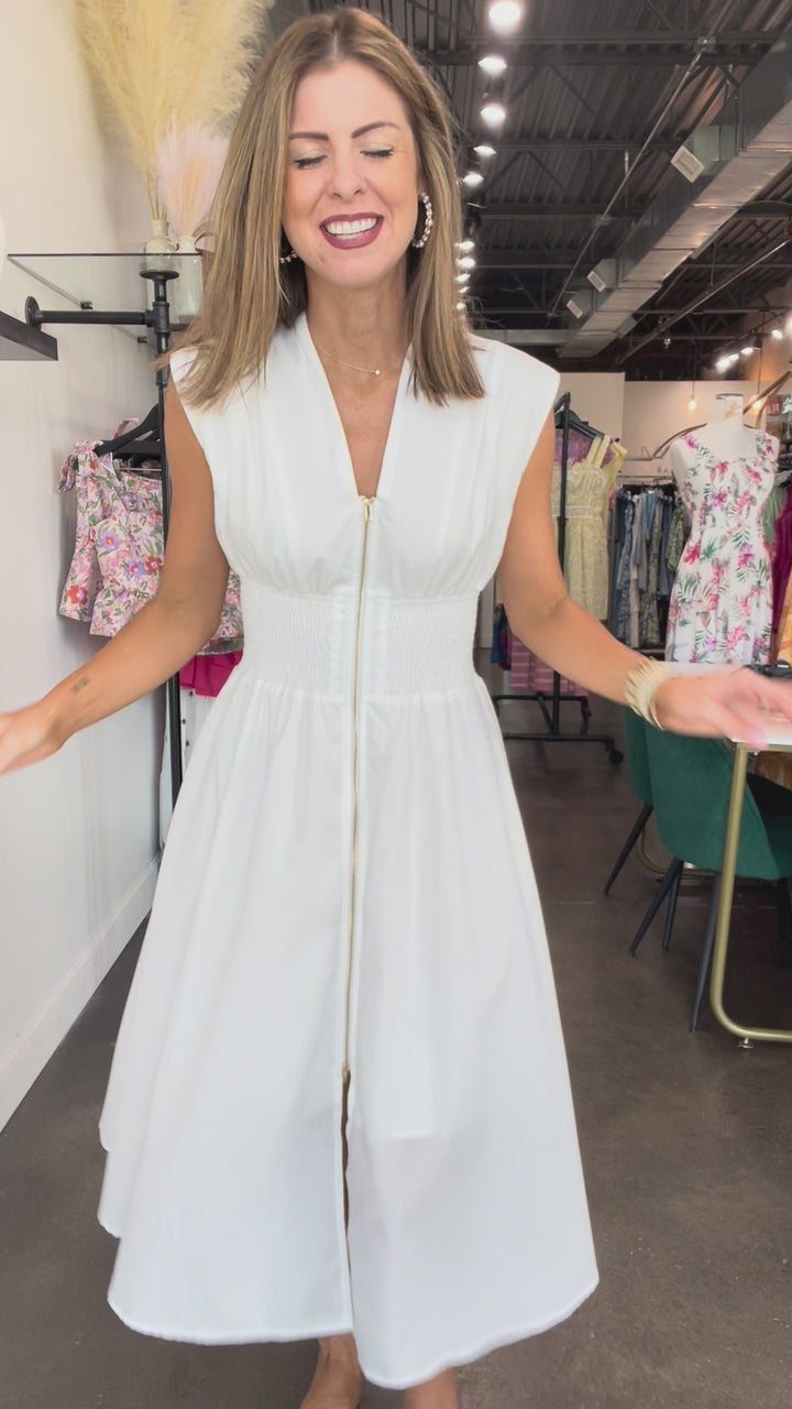 Smocked Waist Midi Dress - White