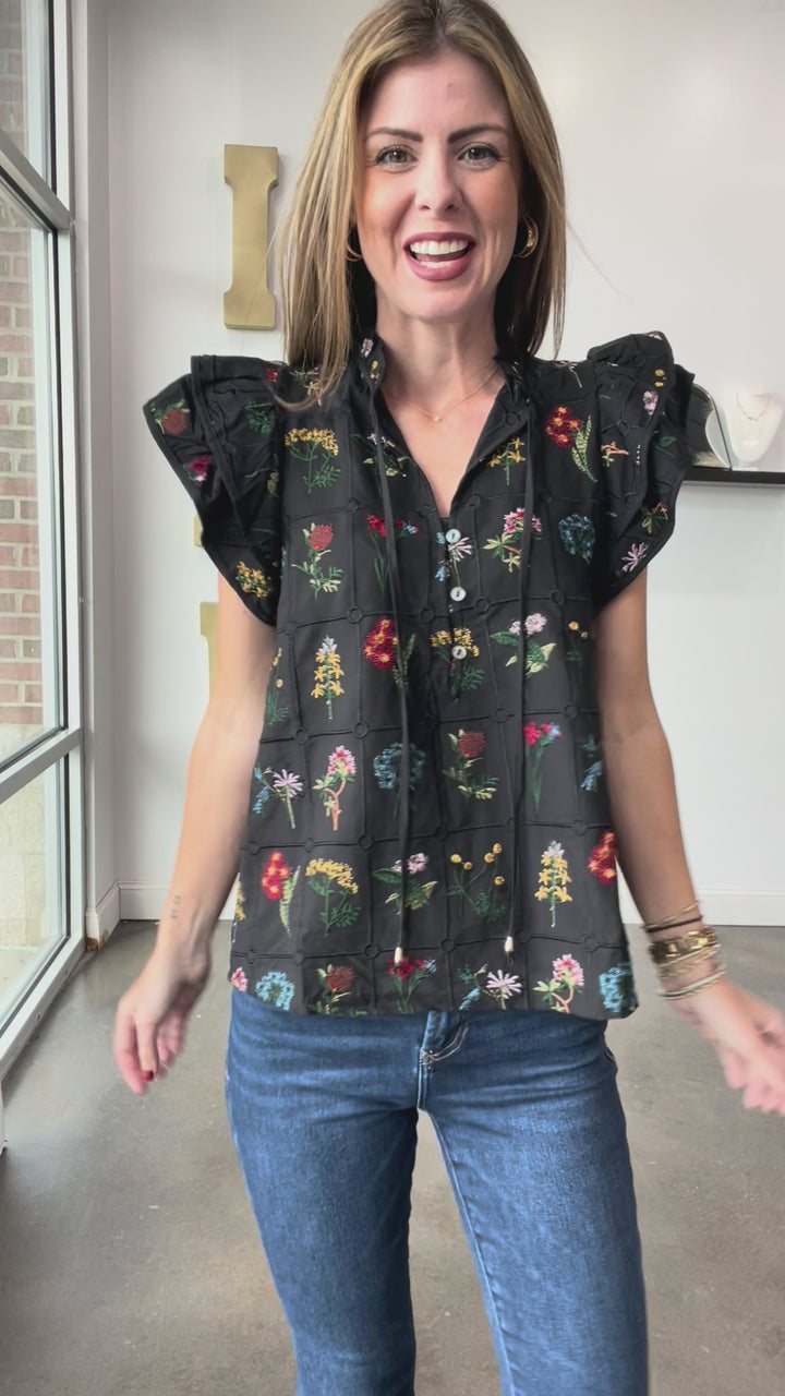 Embroidered Botanical Top - Black