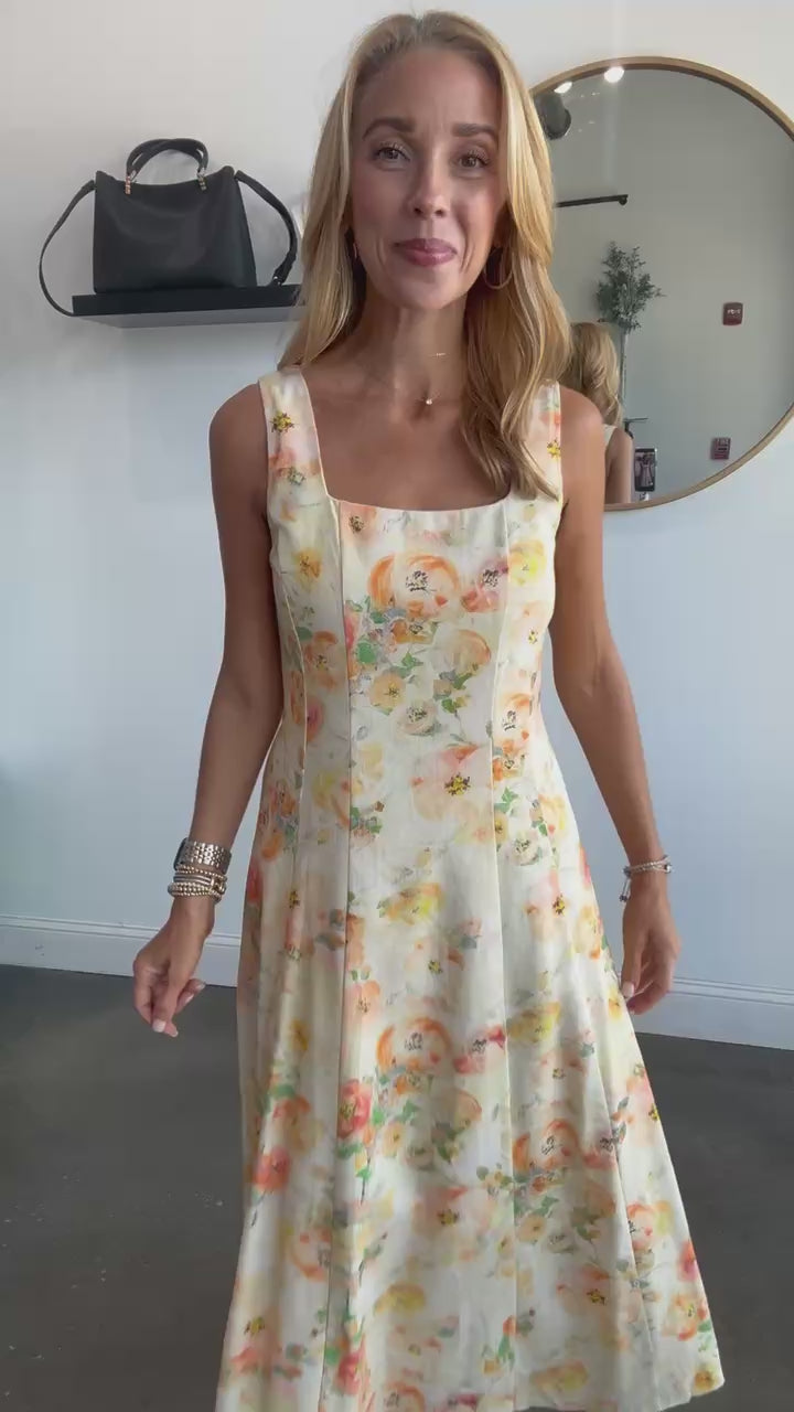 Square Neck Floral Midi Dress