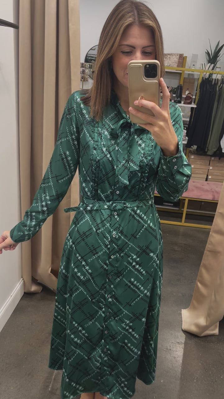 Tie Neck Midi Dress - Green