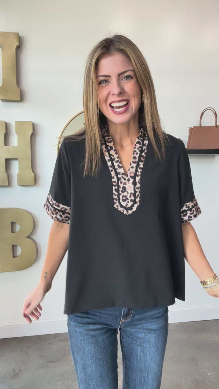 Leopard Trim Top - Black