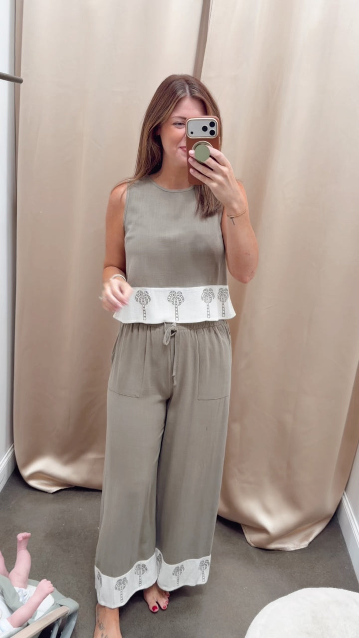 Embroidered Trim Pants - Olive