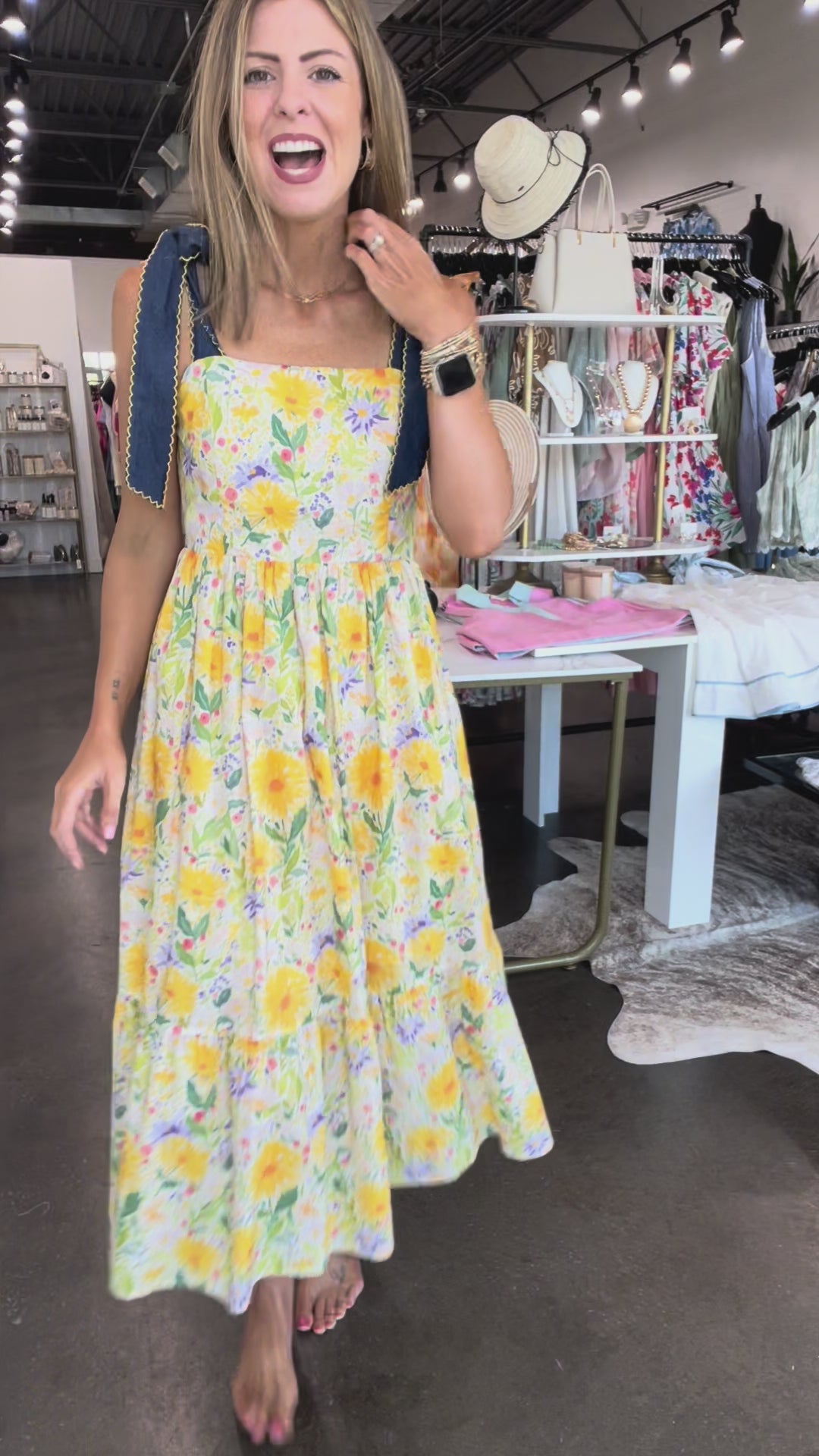 Denim Tie Shoulder Floral Maxi