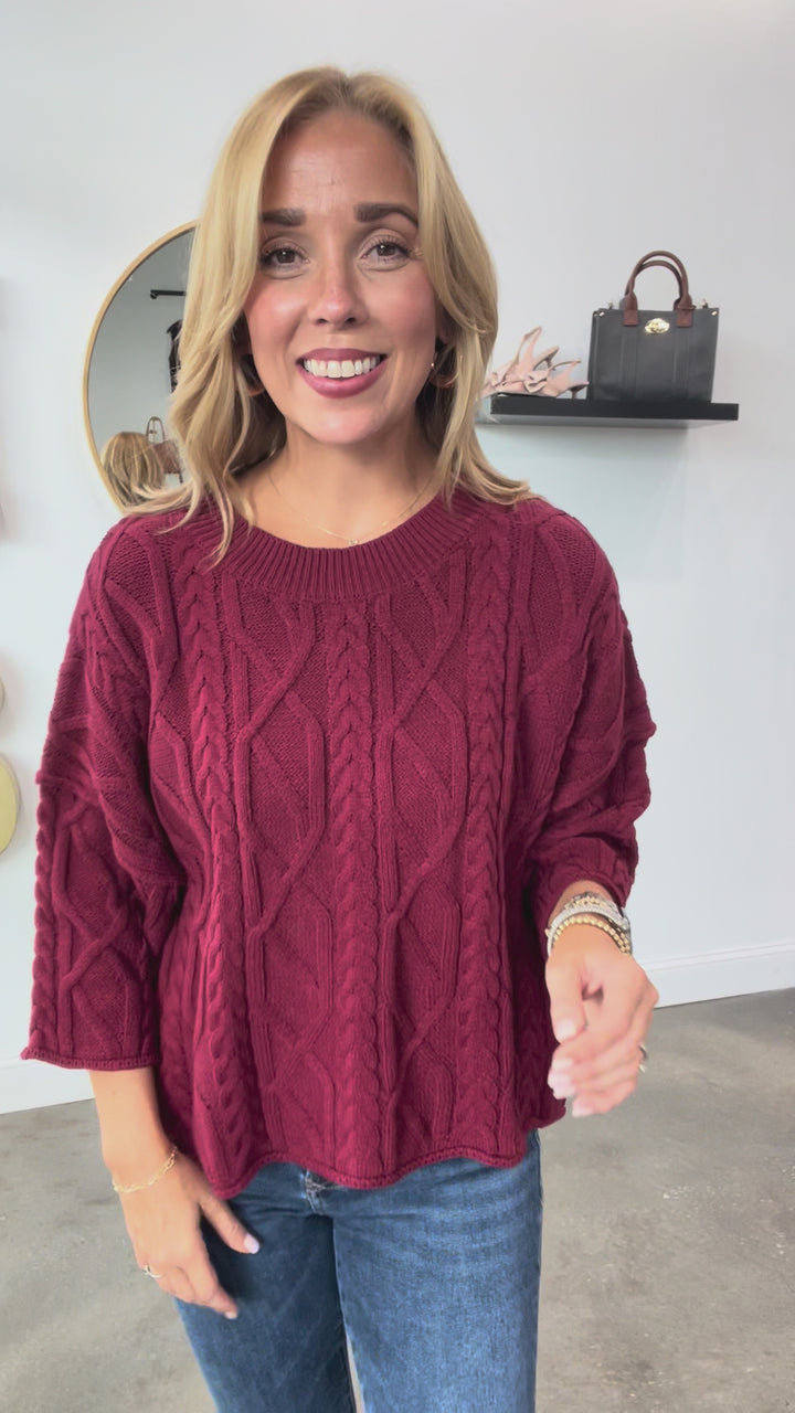 Cable Knit Sweater - Burgundy