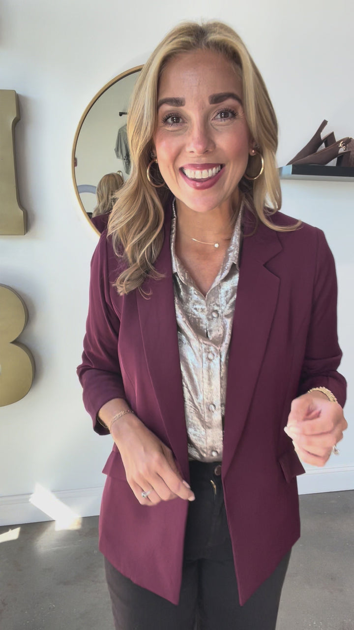 Scrunch Sleeve Blazer - Burgundy