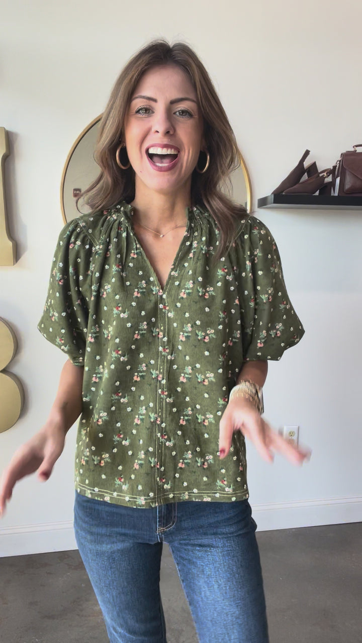 Corduroy Floral Top - Green
