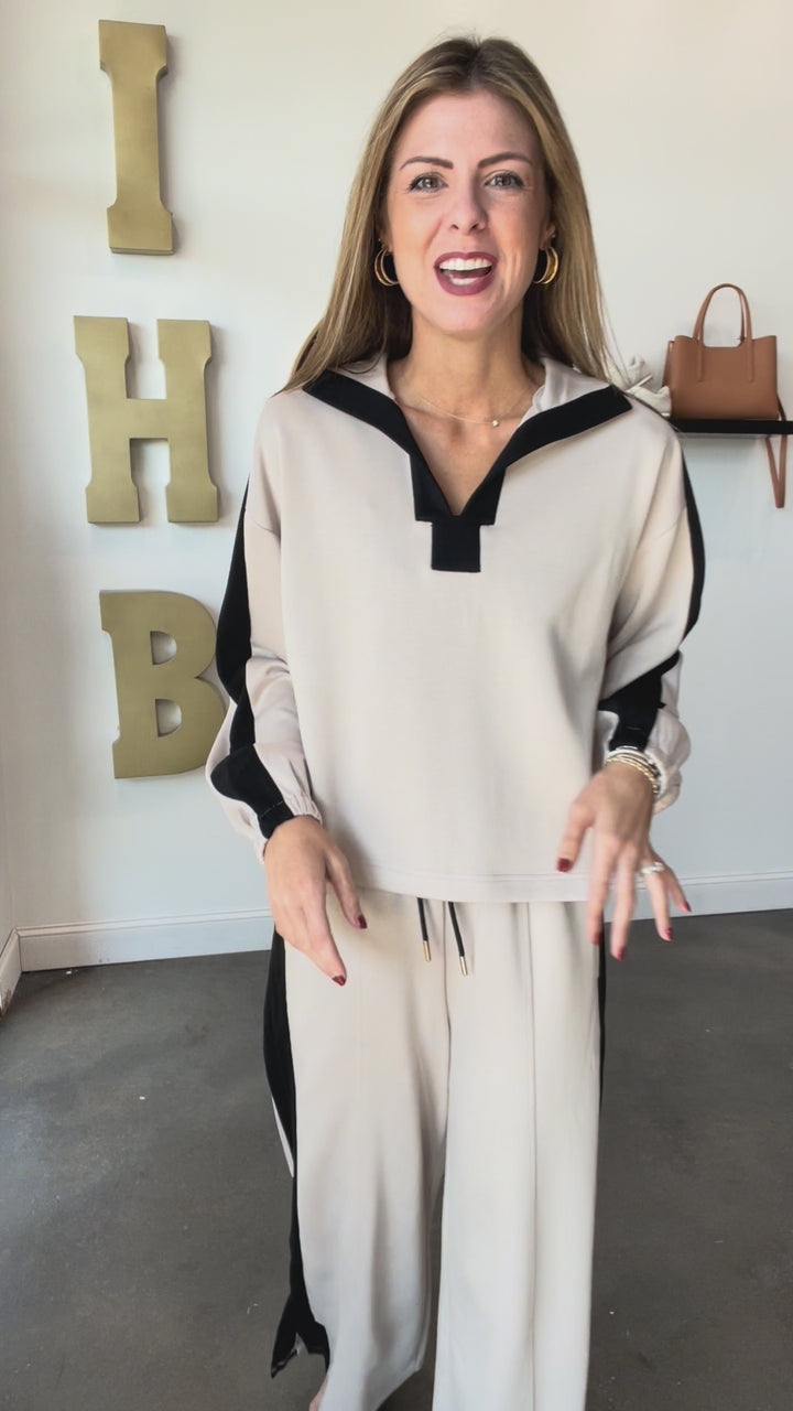 Split Neck Contrast Pullover