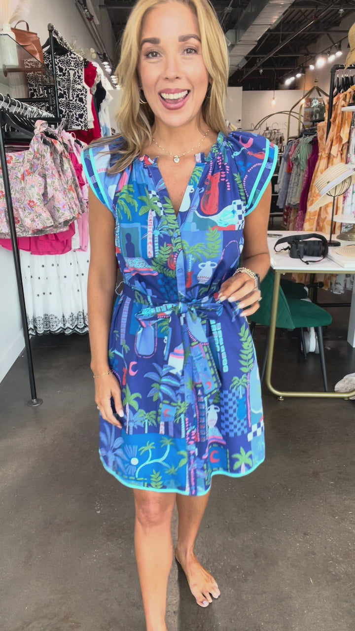 Tie Waist Printed Dress - Blue
