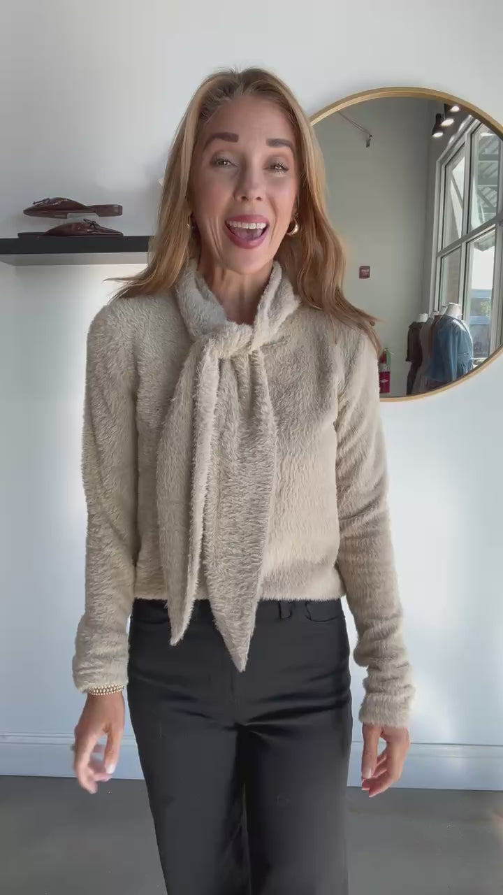 Tie Neck Fuzzy Sweater - Taupe