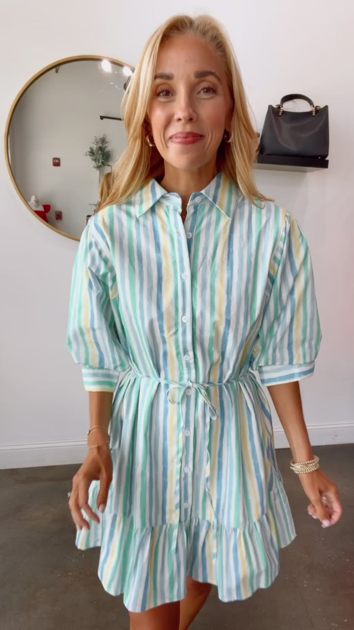 Stripe Tie Waist Dress - Blue
