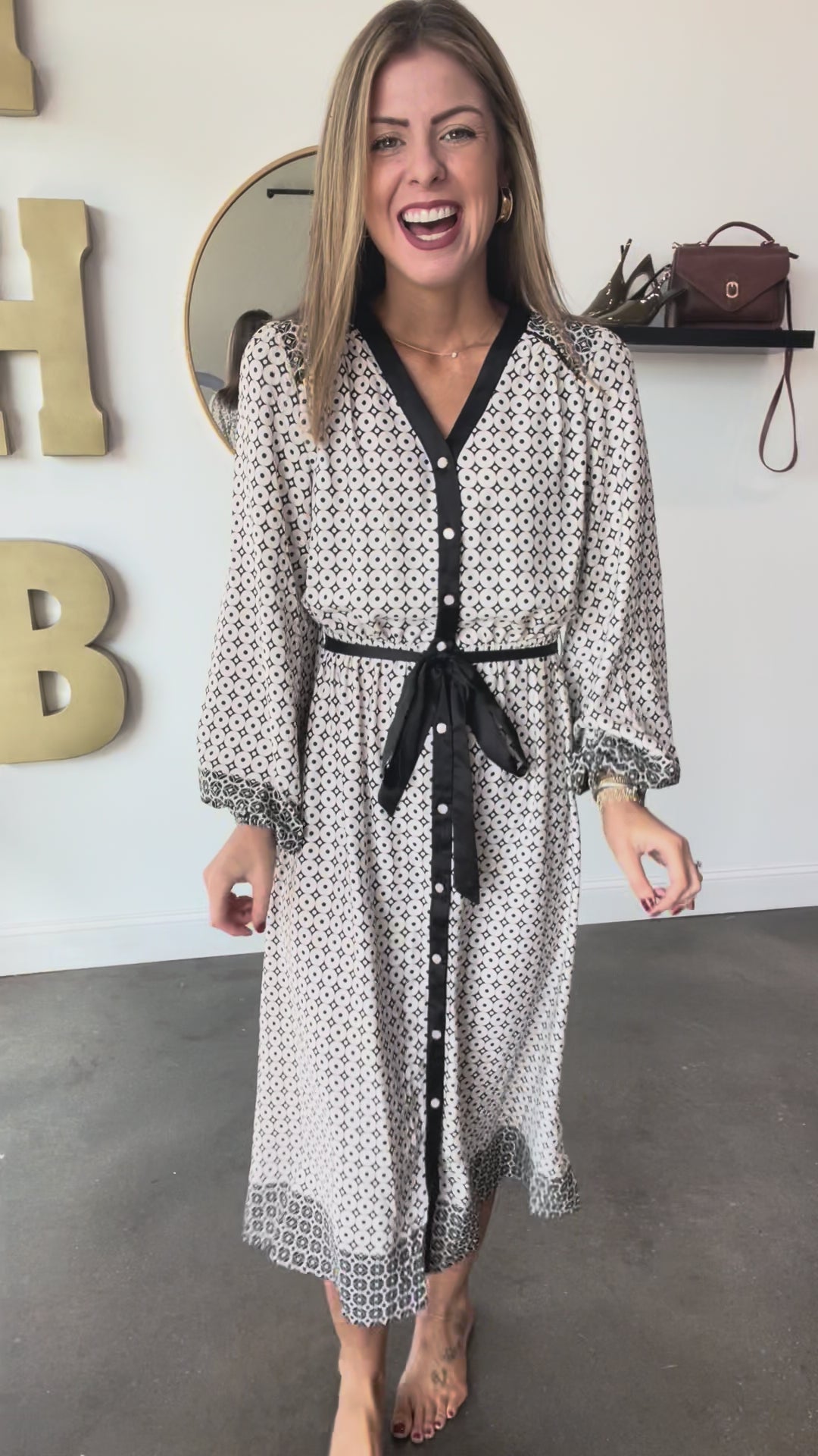 Button Front Geometric Dress - Cream/Black