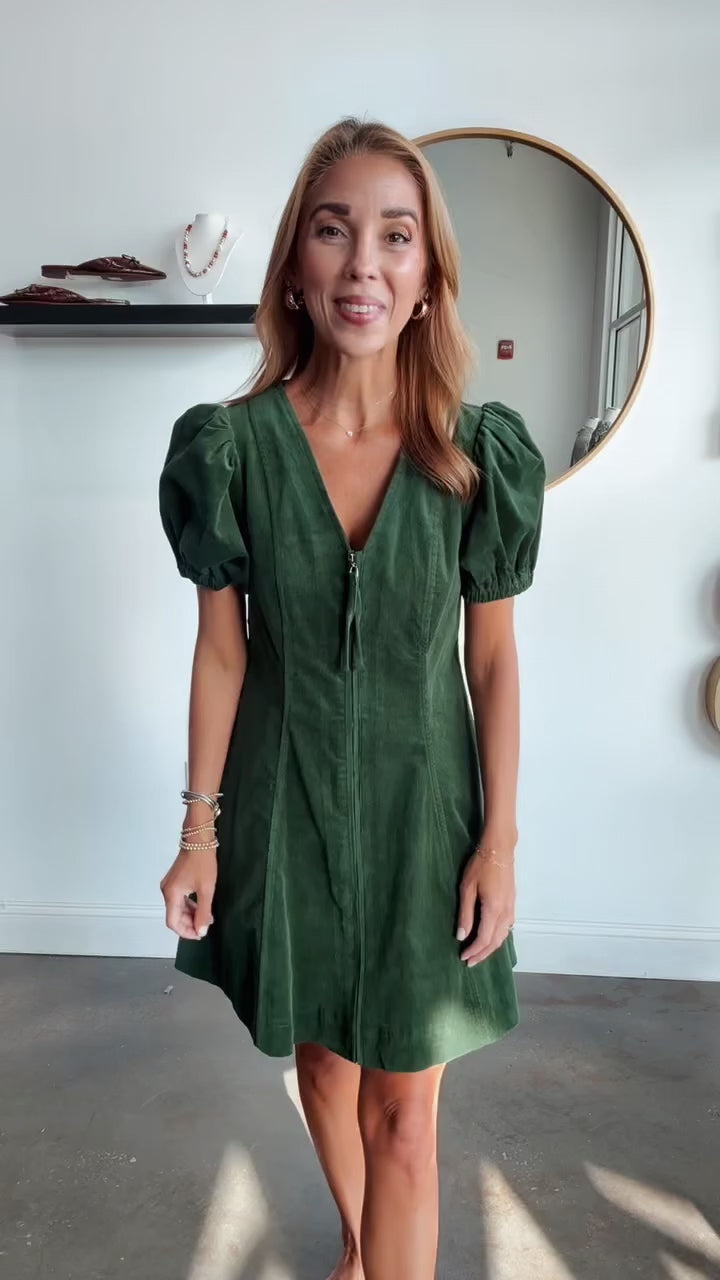 Front Zip Corduroy Dress - Hunter Green