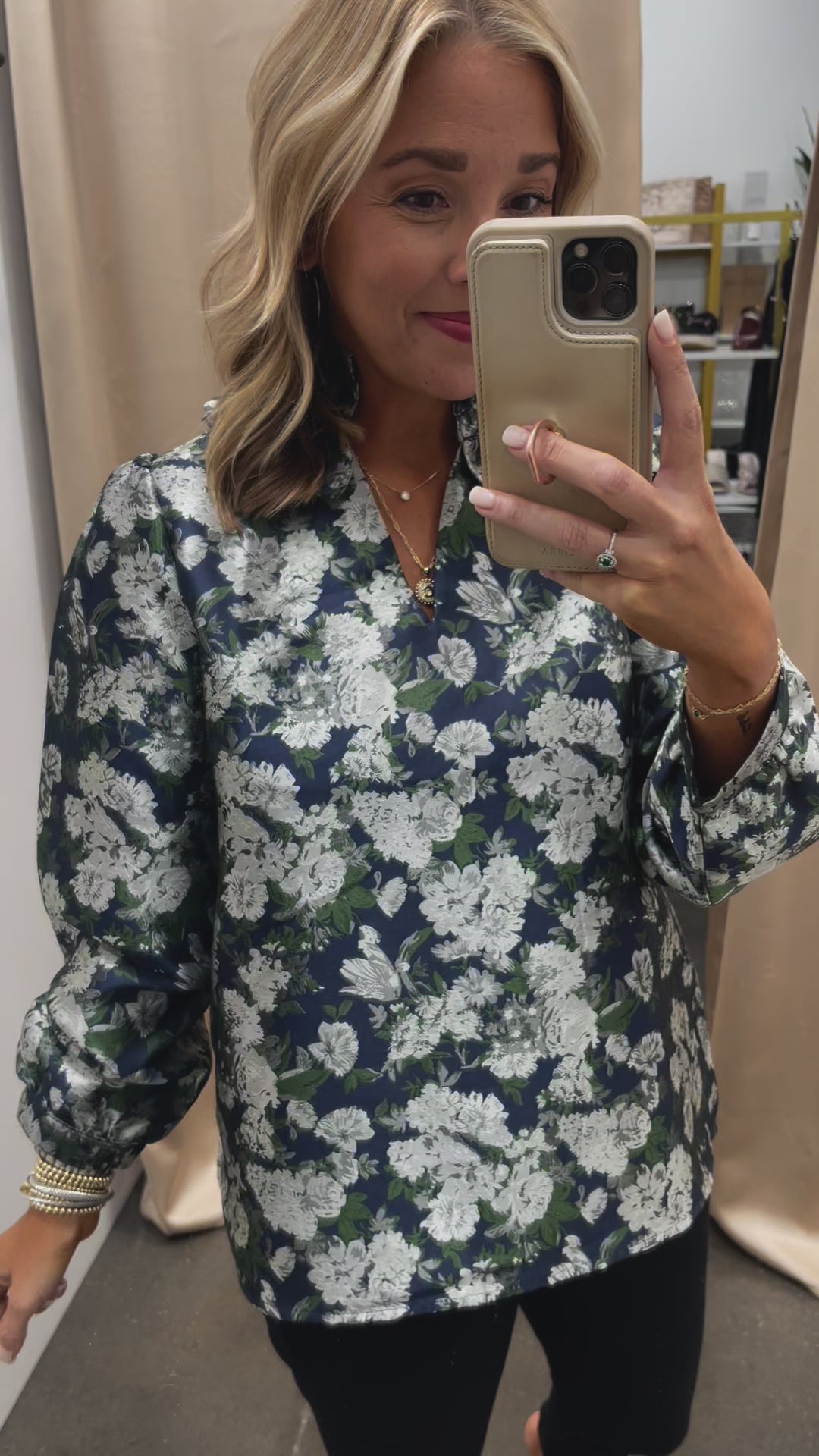 Ruffle Collar Floral Top - Navy/Green