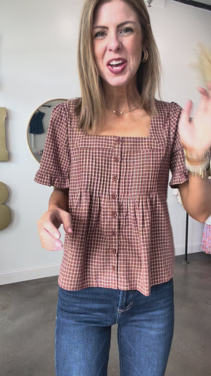 Plaid Button Front Blouse - Brown