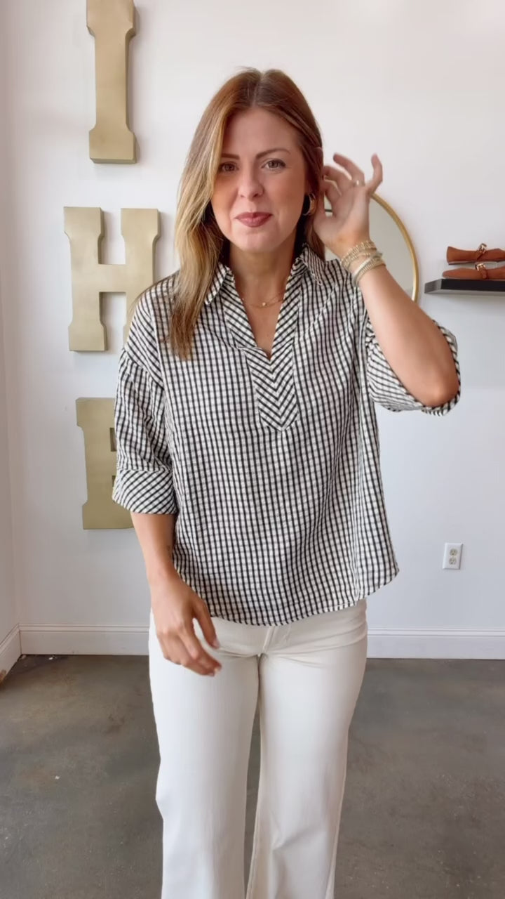 Gingham Half Sleeve Top - Black