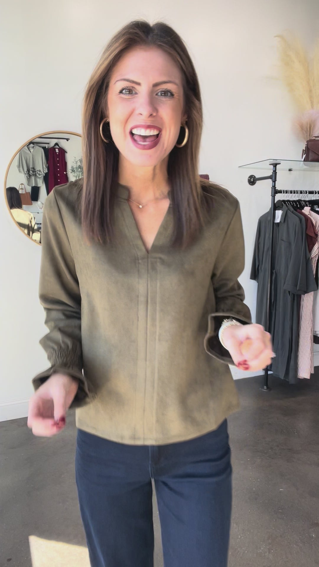 Long Sleeve Suede Top - Olive