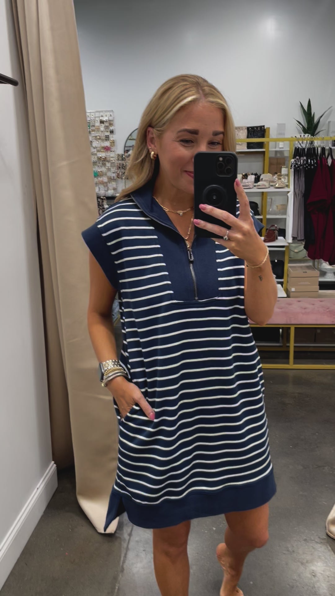 Striped Quarter Zip Collar Dress - Navy