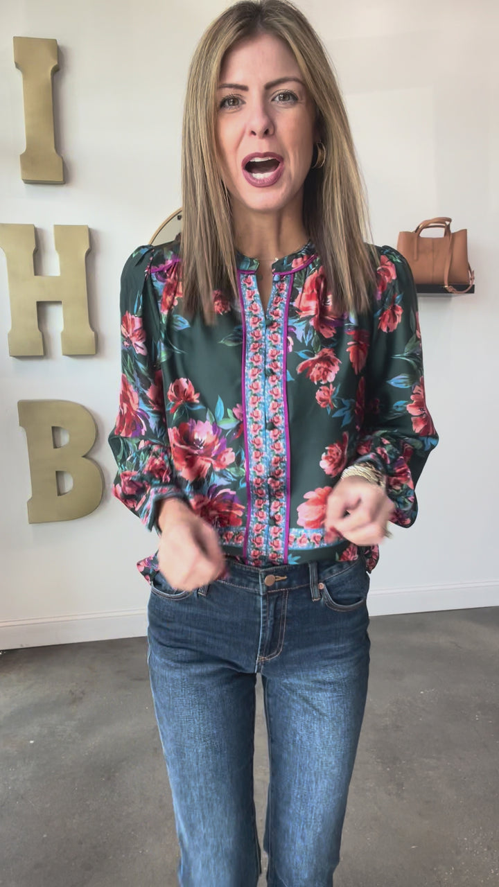 Button Front Printed Top - Deep Green
