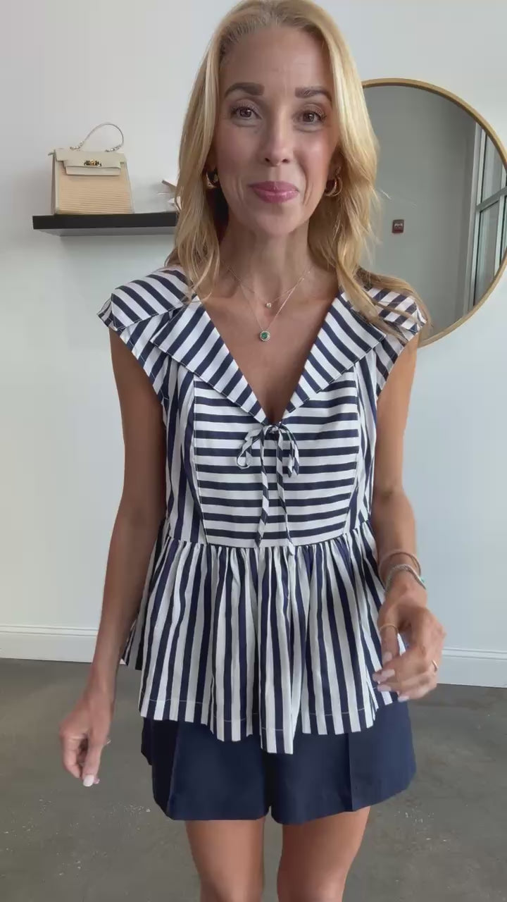 Striped Sailor Collar Top - Navy