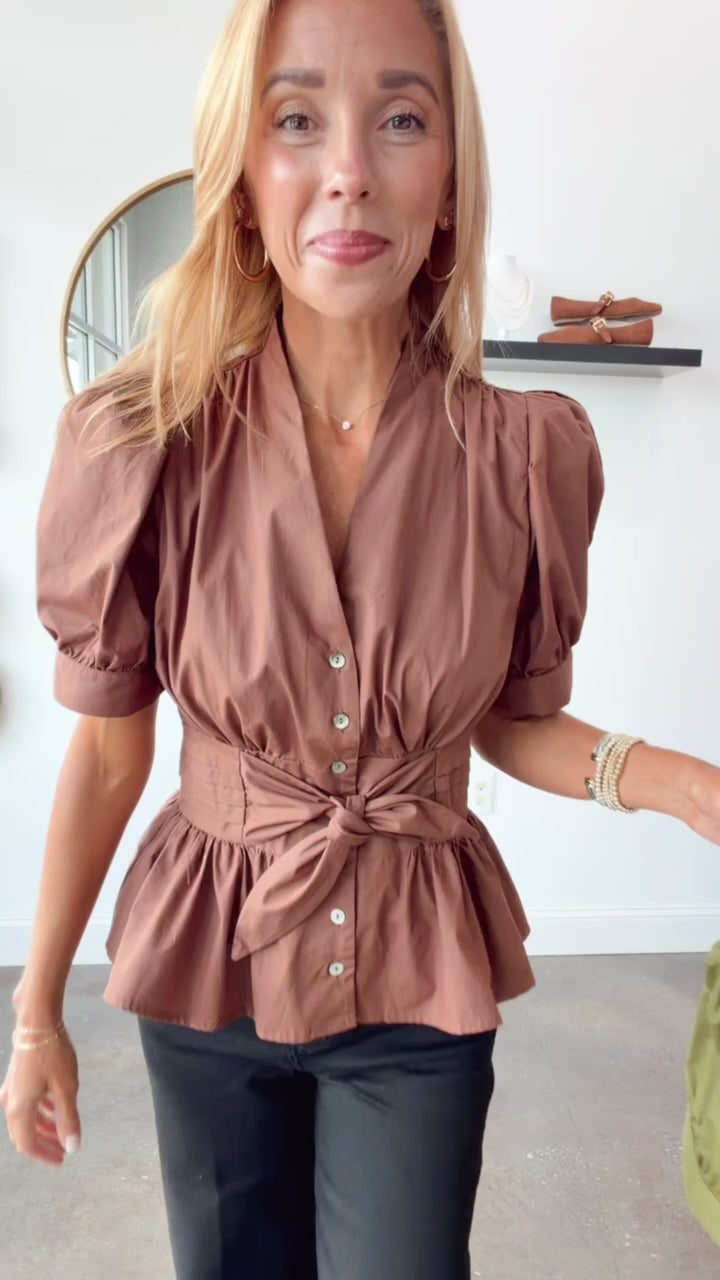 Tie Waist Peplum Top - Olive
