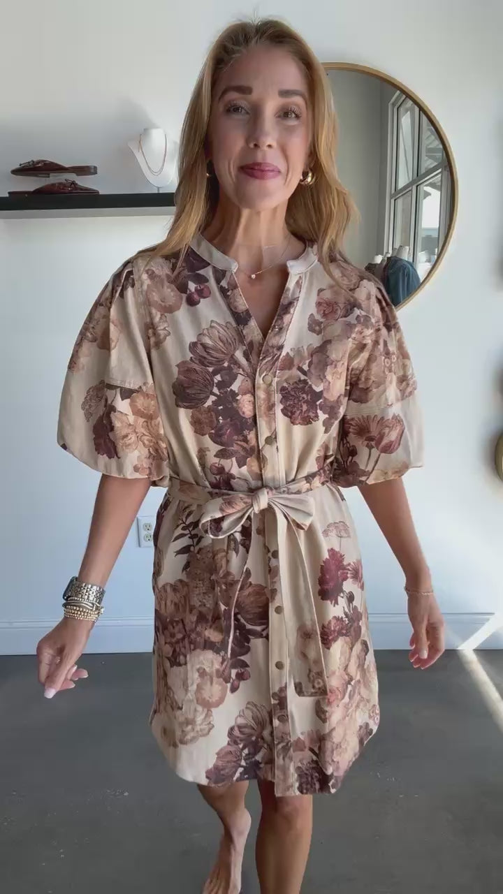 Botanical Denim Tie Waist Dress