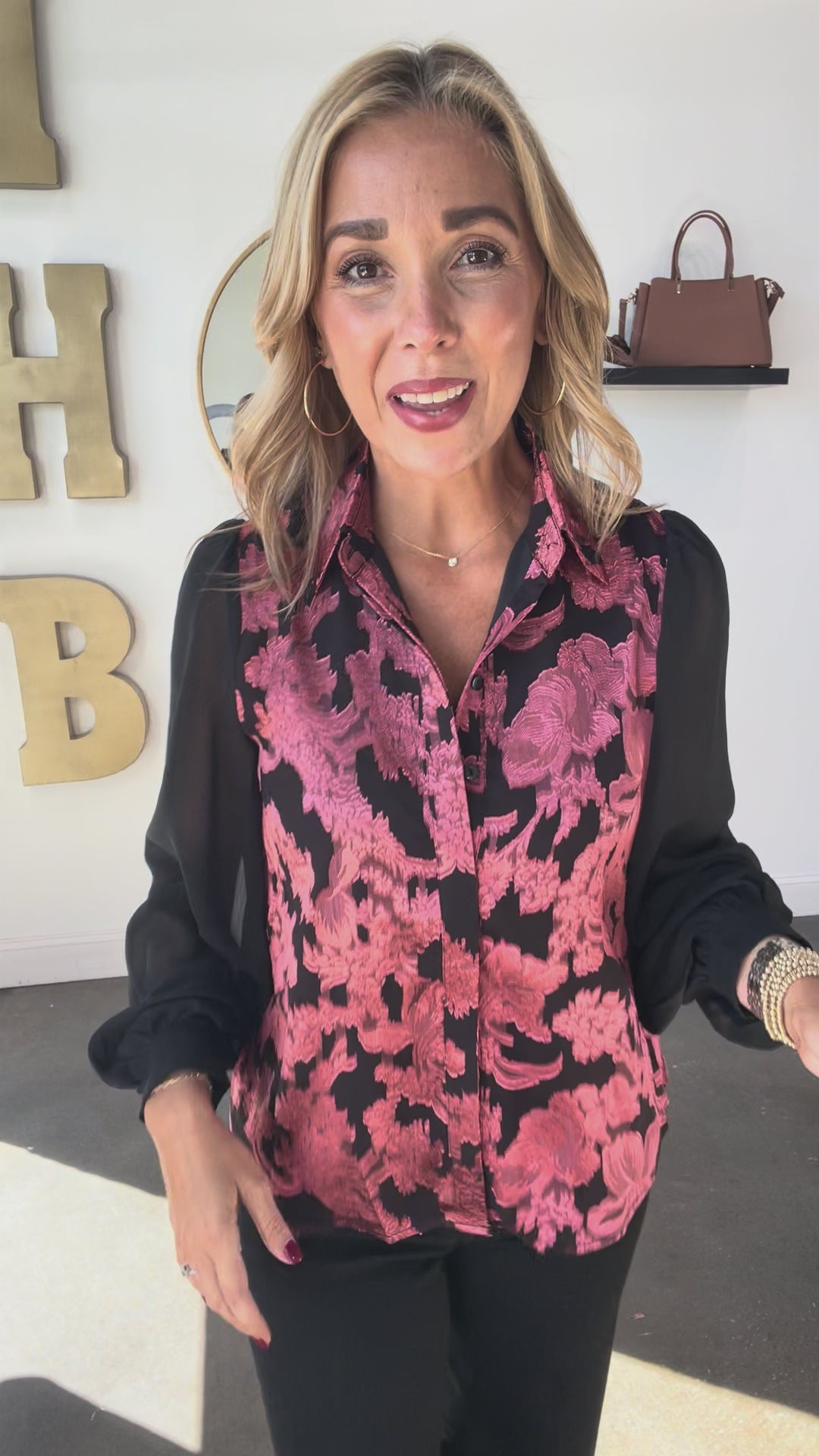 Jacquard Chiffon Button Down Blouse - Black