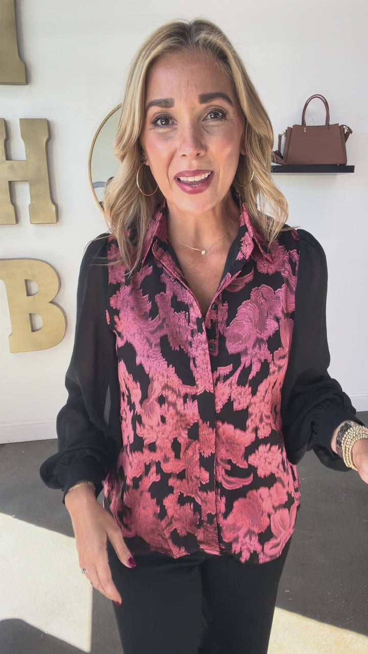 Jacquard Chiffon Button Down Blouse - Black