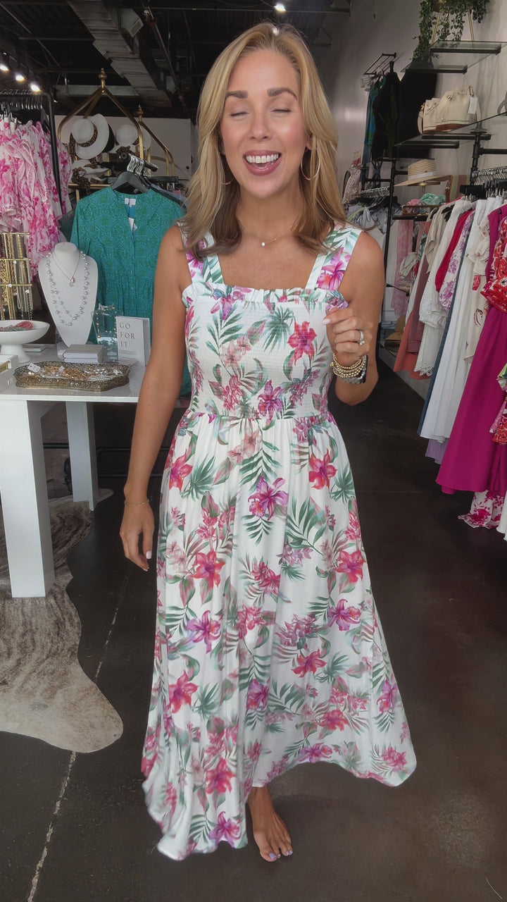 Tropical Printed Smocked Dress