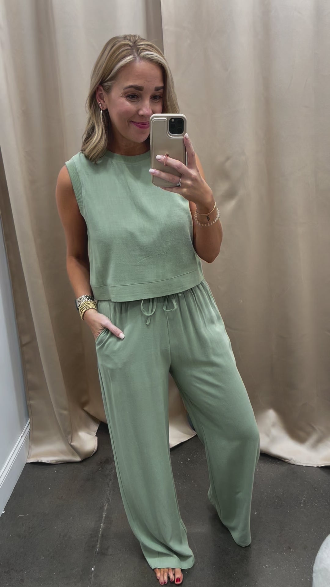 Linen Top and Pants Set - Dark Sage