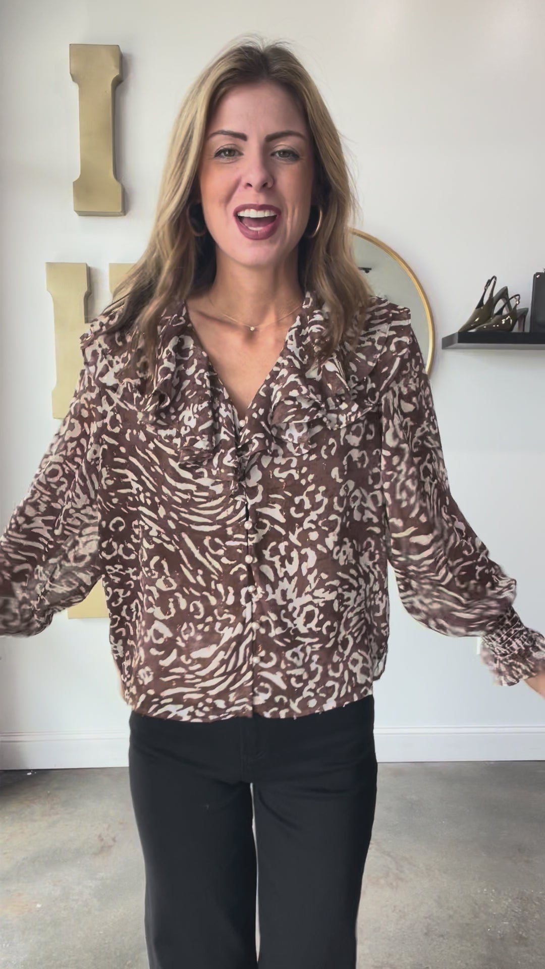 Ruffle Collar Chiffon Top - Brown