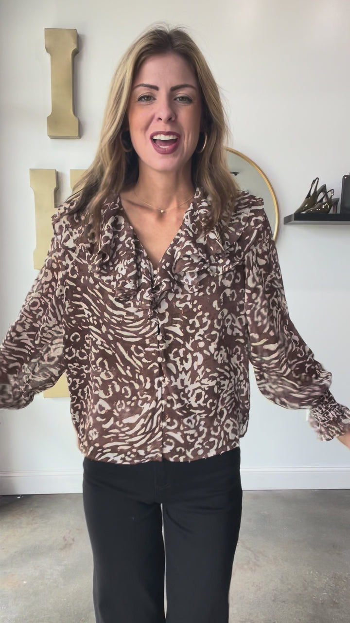 Ruffle Collar Chiffon Top - Brown