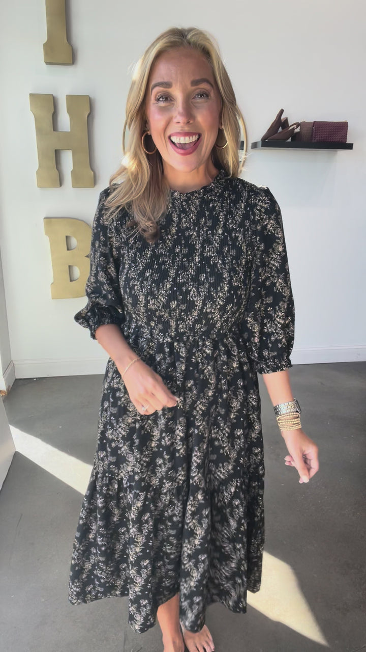 Floral Smocked Midi Dress - Black/Taupe